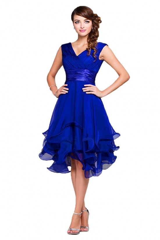 A-Line Princess V-Neck Short Royal Blue Chiffon Prom Bridesmaid Party Dresses ED010372