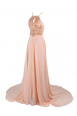 A-Line Beaded Long Pink Chiffon Prom Evening Formal Party Dresses ED010419
