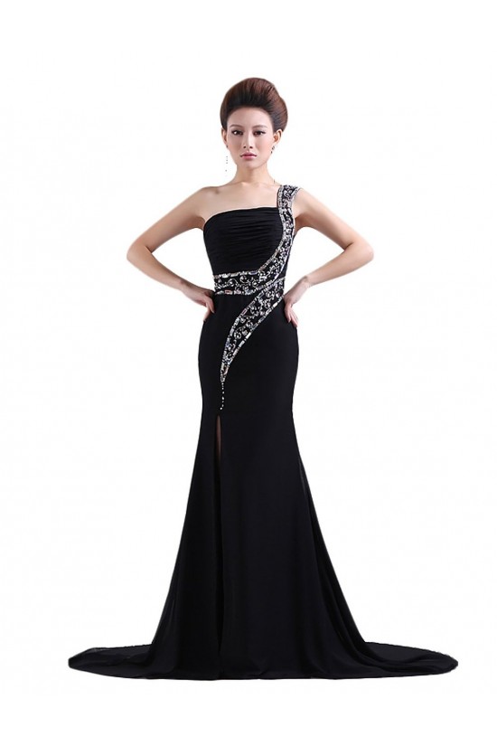 Trumpet/Mermaid One-Shoulder Beaded Long Black Chiffon Prom Evening Formal Party Dresses ED010469 Trumpet/Mermaid One-Shoulder Beaded Long Black Chiffon Prom Evening Formal Party Dresses ED010469