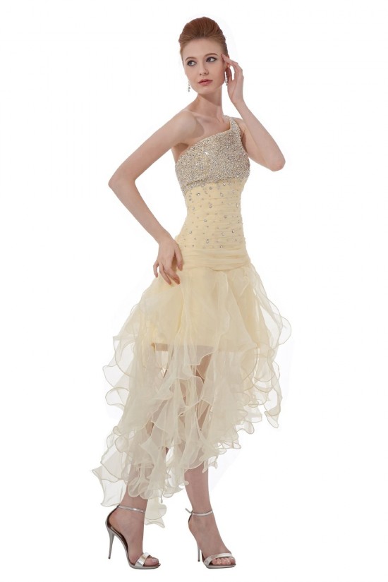 A-Line One-Shoulder Beaded Short Yellow Prom Evening Formal Party Dresses ED010484