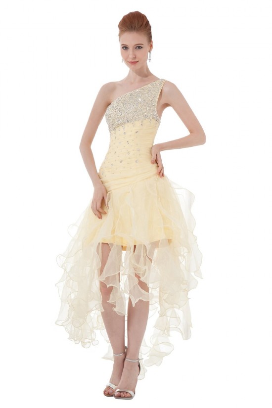 A-Line One-Shoulder Beaded Short Yellow Prom Evening Formal Party Dresses ED010484
