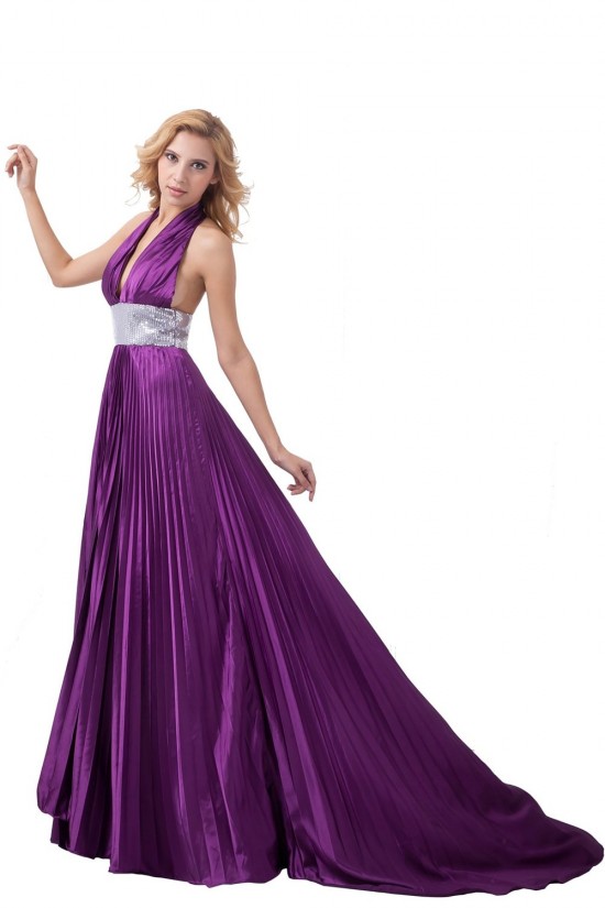 A-Line Halter Long Purple Pleated Prom Evening Formal Party Dresses ED010488