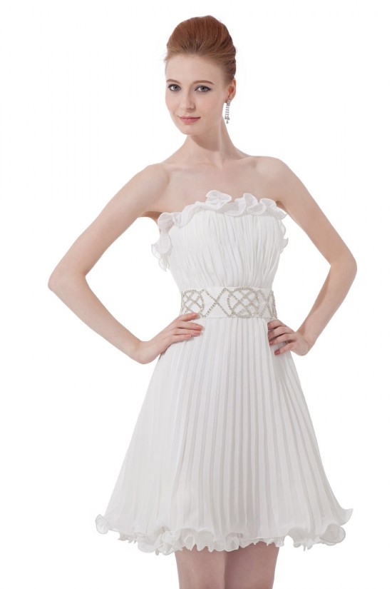 A-Line Strapless Pleated Short Beaded Chiffon Prom Evening Formal Party Dresses ED010493