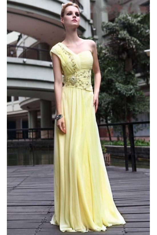 A-Line One-Shoulder Beaded Long Chiffon Prom Evening Formal Party Dresses ED010517