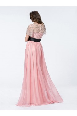 A-Line Short Sleeve Beaded Long Pink Prom Evening Formal Party Dresses ED010584