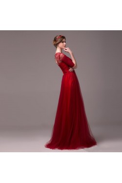 A-Line Half Sleeve Jewel Beaded Tulle Long Prom Evening Formal Party Dresses ED010618