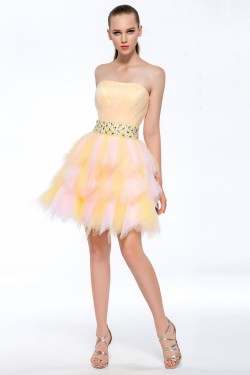A-Line Strapless Short Yellow Beaded Prom Evening Cocktail Homecoming Party Dresses ED010626