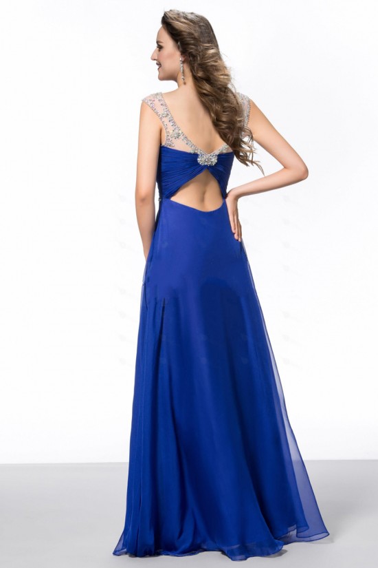 A-Line Bateau Beaded Long Blue Chiffon Prom Evening Formal Party Dresses ED010644