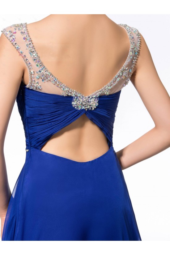 A-Line Bateau Beaded Long Blue Chiffon Prom Evening Formal Party Dresses ED010644