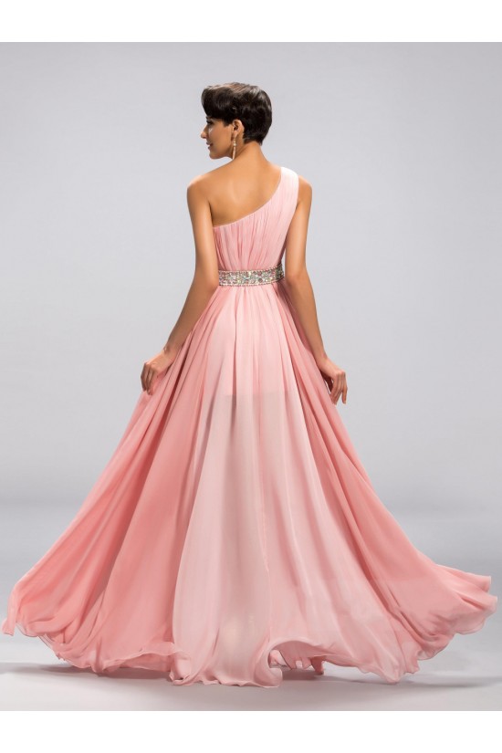 A-Line One-Shoulder Beaded Long Pink Split-Front Prom Evening Formal Party Dresses ED010676