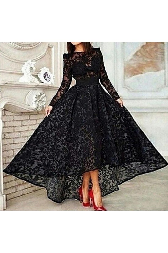 Vinatge Long Sleeve Asymmetrical Black Lace Evening Dress ED010725 Vinatge Long Sleeve Asymmetrical Black Lace Evening Dress ED010725