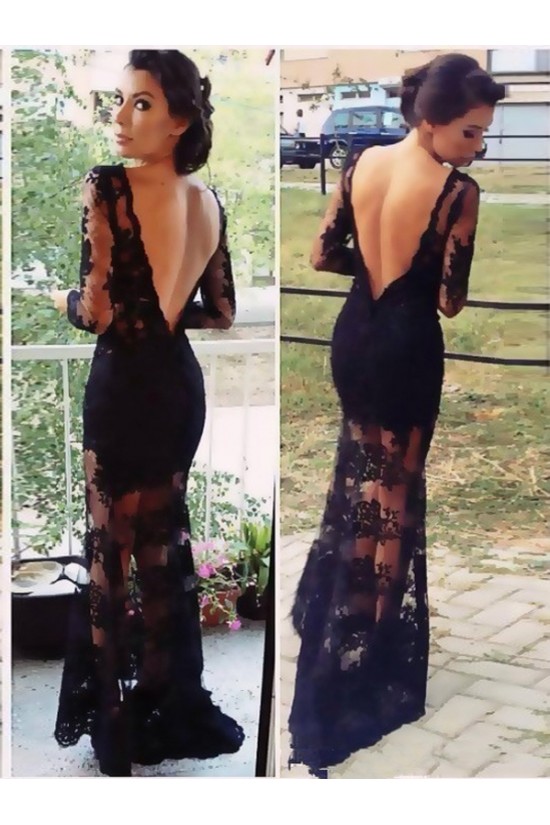 Long Sleeve Lace Black Low V-Back Evening Formal Party Dresses ED010727
