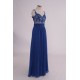 A-Line Long Blue Sequin Applique Chiffon Prom Evening Formal Party Dresses ED010759