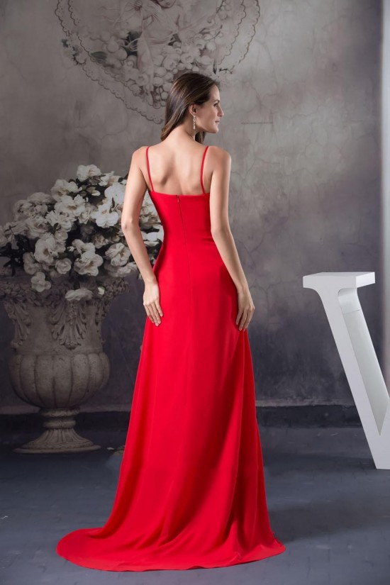 A-Line Spaghetti Strap Long Red Chiffon Beaded Prom Evening Dresses ED010802