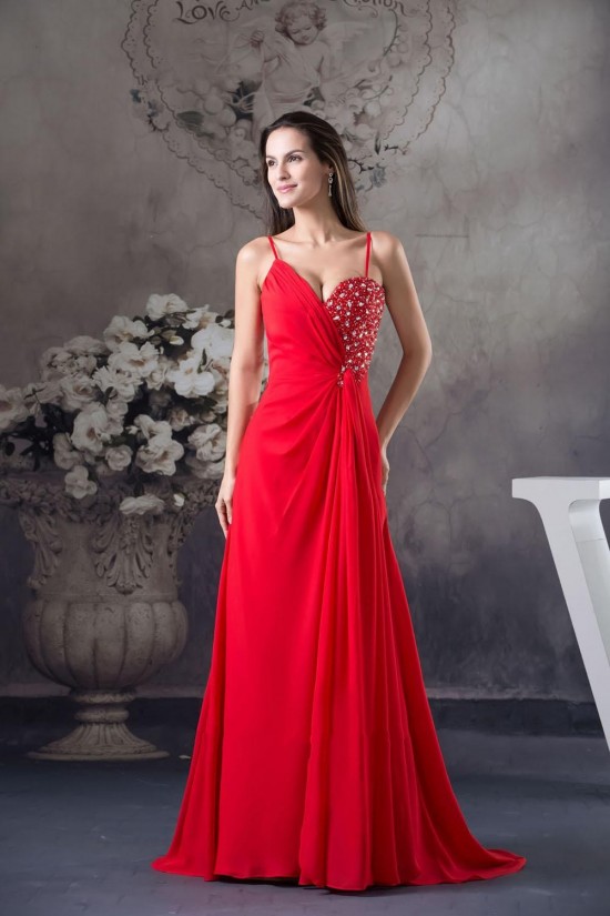 A-Line Spaghetti Strap Long Red Chiffon Beaded Prom Evening Dresses ED010802