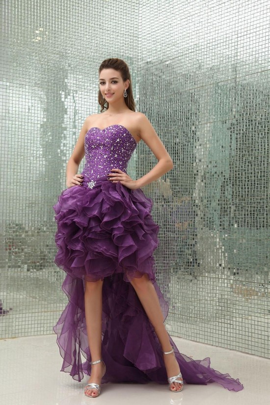 High Low Sweetheart Beaded Purple Prom Evening Dresses ED010806
