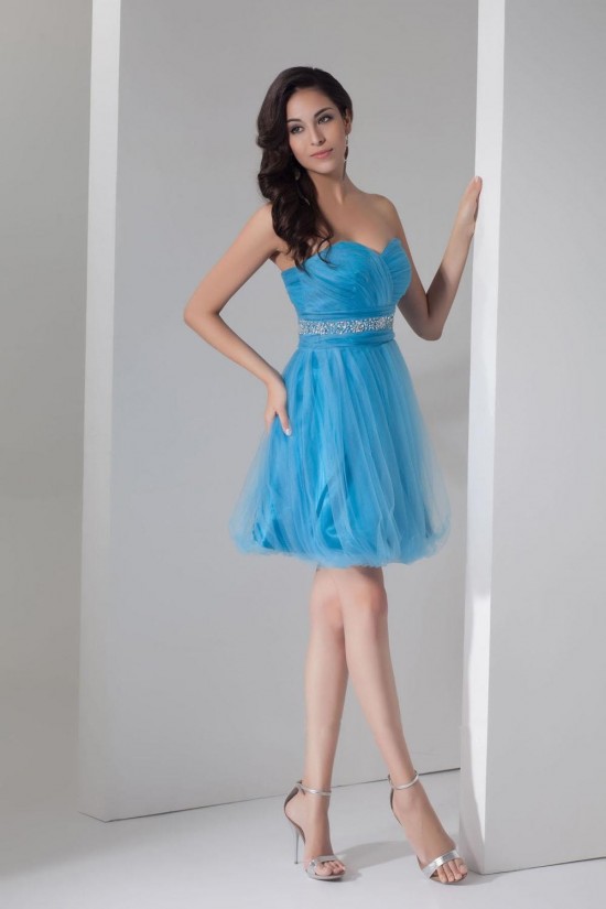 Short Sweetheart Beaded Blue Tulle Cocktail Homecoming Prom Evening Dresses ED010813