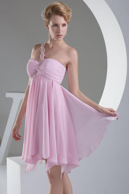 Empire One-Shoulder Short Pink Chiffon Prom Evening Dresses ED010824 Empire One-Shoulder Short Pink Chiffon Prom Evening Dresses ED010824