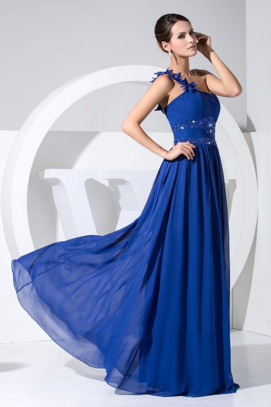A-Line One-Shoulder Beaded Long Blue Chiffon Prom Evening Dresses ED010837
