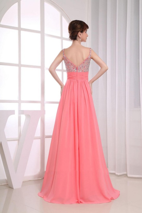 A-Line Beaded Straps Long Chiffon Prom Evening Formal Dresses ED010855
