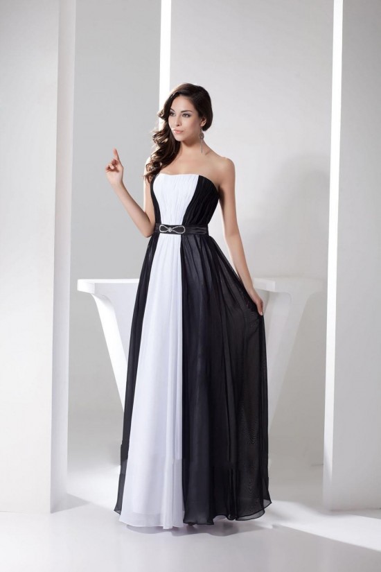A-Line Strapless Black White Beaded Long Chiffon Prom Evening Formal Dresses ED010940