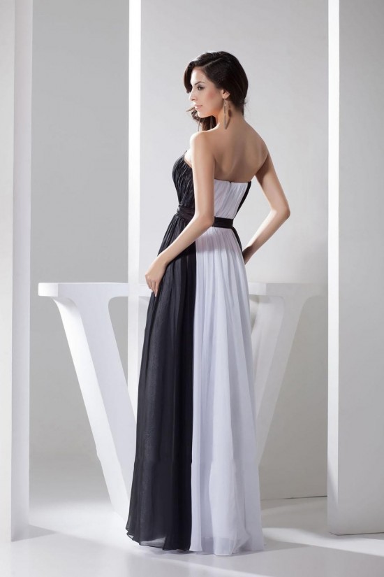 A-Line Strapless Black White Beaded Long Chiffon Prom Evening Formal Dresses ED010940