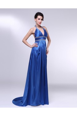 A-Line Halter Beaded Long Blue Prom Evening Formal Dresses ED010981