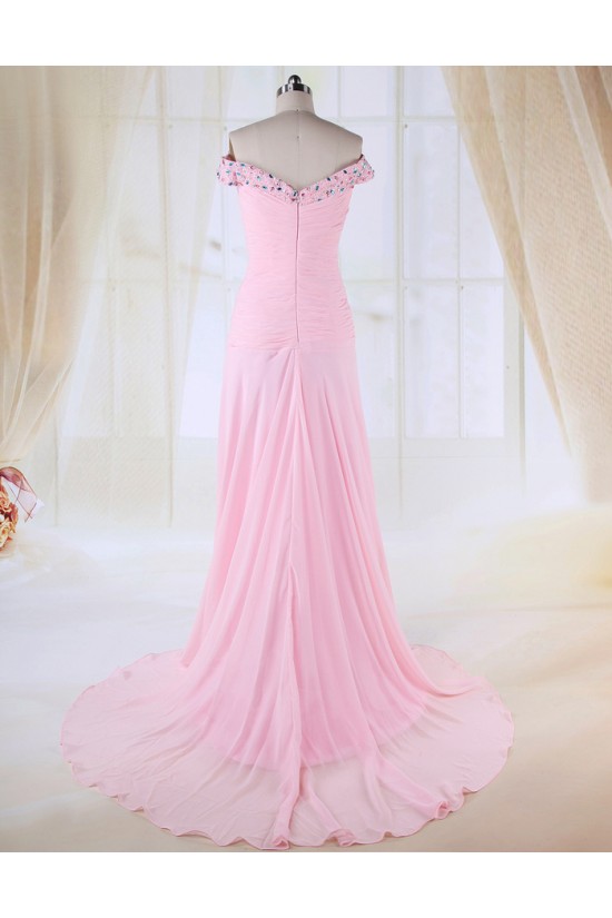 Sheath Split-Front Off-the-Shoulder Beaded Long Pink Chiffon Prom Evening Formal Dresses ED010983 Sheath Split-Front Off-the-Shoulder Beaded Long Pink Chiffon Prom Evening Formal Dresses ED010983