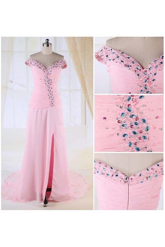 Sheath Split-Front Off-the-Shoulder Beaded Long Pink Chiffon Prom Evening Formal Dresses ED010983 Sheath Split-Front Off-the-Shoulder Beaded Long Pink Chiffon Prom Evening Formal Dresses ED010983