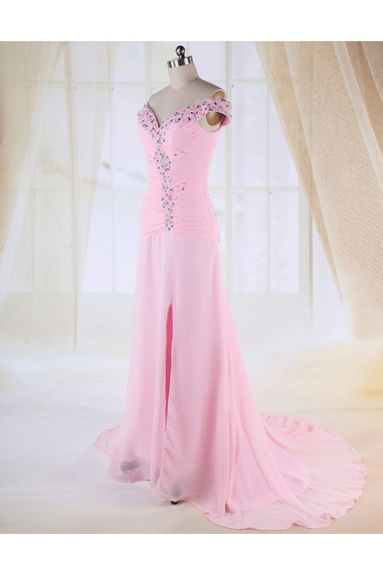Sheath Split-Front Off-the-Shoulder Beaded Long Pink Chiffon Prom Evening Formal Dresses ED010983 Sheath Split-Front Off-the-Shoulder Beaded Long Pink Chiffon Prom Evening Formal Dresses ED010983