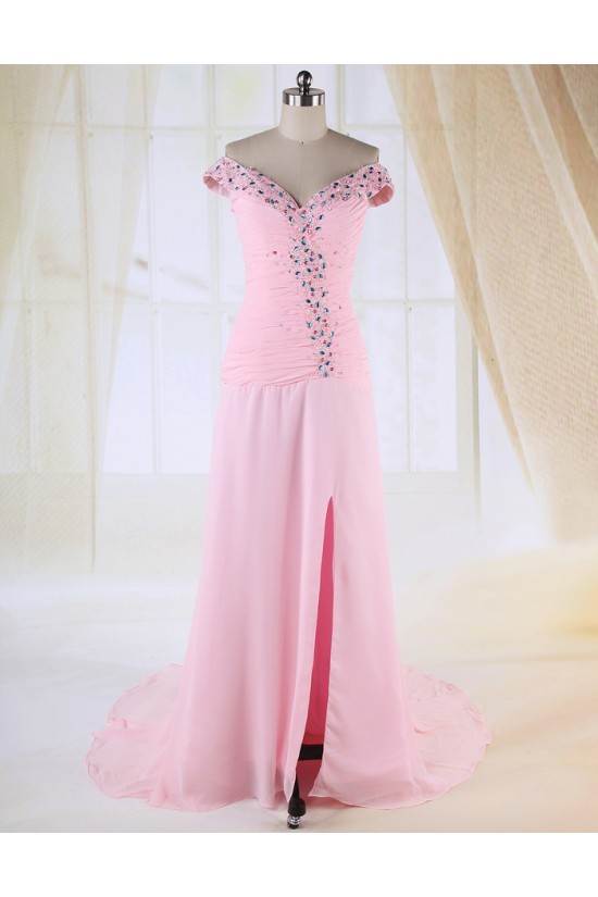 Sheath Split-Front Off-the-Shoulder Beaded Long Pink Chiffon Prom Evening Formal Dresses ED010983 Sheath Split-Front Off-the-Shoulder Beaded Long Pink Chiffon Prom Evening Formal Dresses ED010983