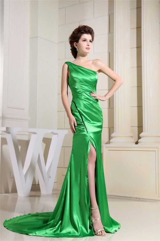 Silk like Satin One-Shoulder Sleeveless Long Green Prom/Formal Evening Dresses 02020029 Silk like Satin One-Shoulder Sleeveless Long Green Prom/Formal Evening Dresses 02020029
