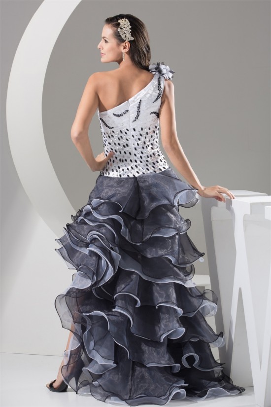 A-Line Sleeveless Beading Organza One-Shoulder Black White Prom/Formal Evening Dresses 02020032 A-Line Sleeveless Beading Organza One-Shoulder Black White Prom/Formal Evening Dresses 02020032