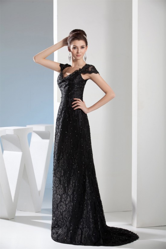 Beading Cap Sleeve Sleeveless V-Neck Lace Long Black Prom/Formal Evening Dresses 02020098