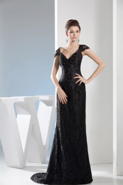 Beading Cap Sleeve Sleeveless V-Neck Lace Long Black Prom/Formal Evening Dresses 02020098