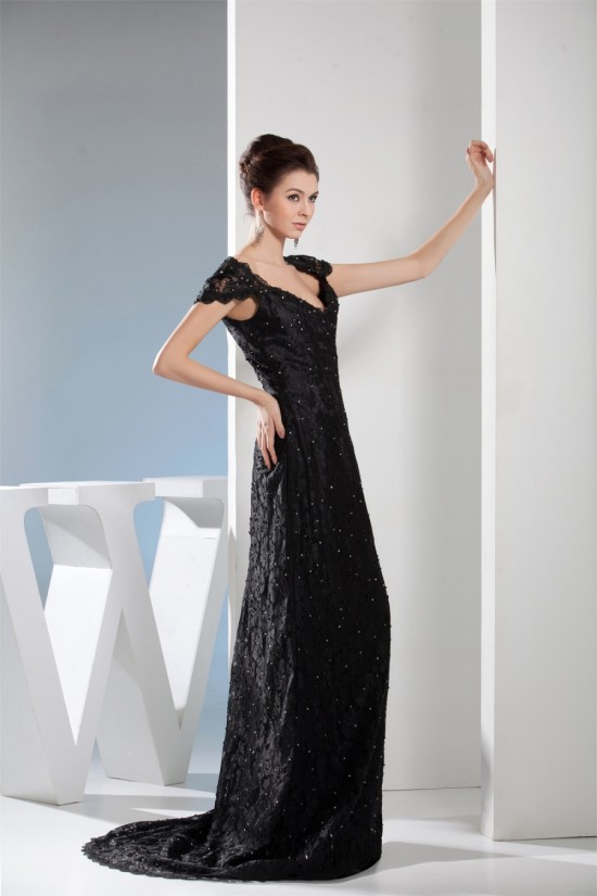 Beading Cap Sleeve Sleeveless V-Neck Lace Long Black Prom/Formal Evening Dresses 02020098