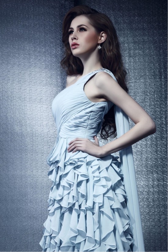 Sheath/Column One-Shoulder Long Chiffon Prom Evening Party Dresses 02021001