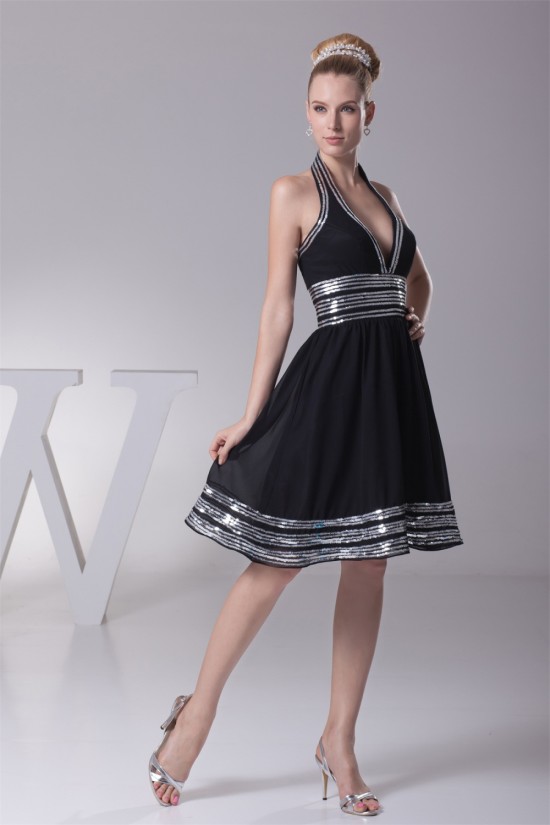 A-Line Halter Sequin Short Black Knee-Length Prom/Formal Evening Dresses 02021072