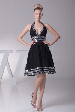 A-Line Halter Sequin Short Black Knee-Length Prom/Formal Evening Dresses 02021072