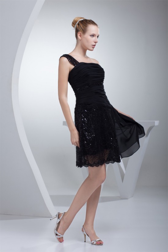 A-Line Short/Mini One-Shoulder Sleeveless Sequins Black Dresses 02021097