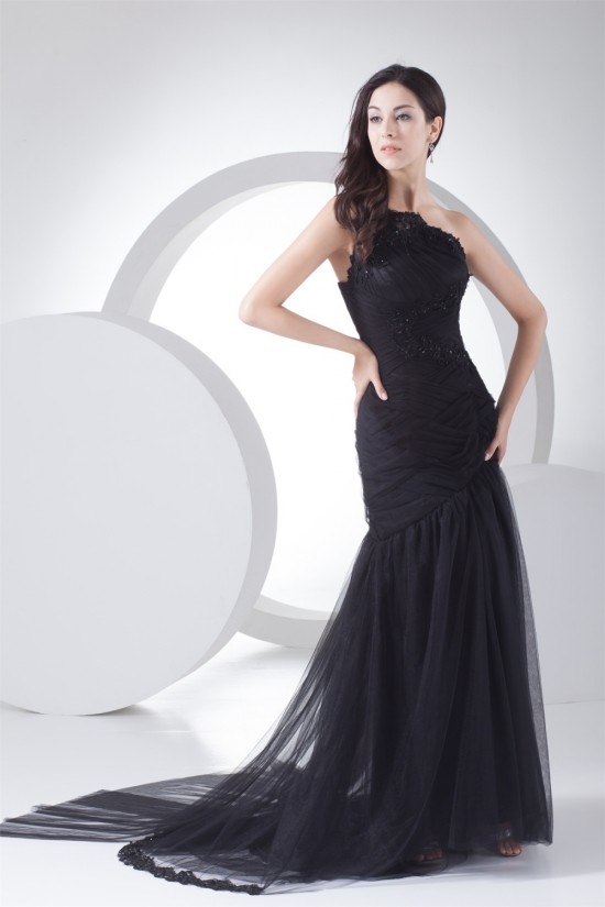 Brush Sweep Train Beading Mermaid/Trumpet One-Shoulder Long Black Prom/Formal Evening Dresses 02020110