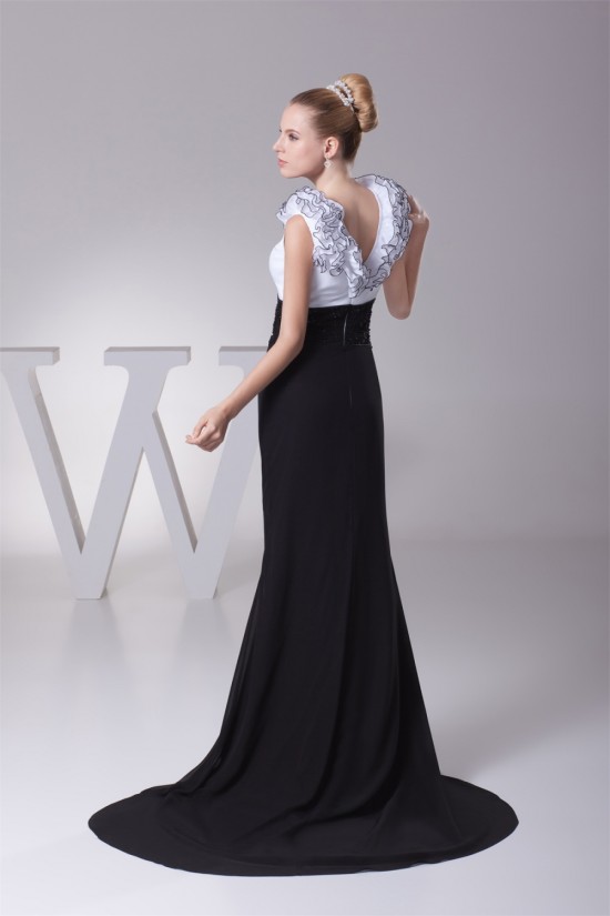 Trumpet/Mermaid Brush Sweep Train Chiffon Black White Long Prom/Formal Evening Dresses 02020112 Trumpet/Mermaid Brush Sweep Train Chiffon Black White Long Prom/Formal Evening Dresses 02020112