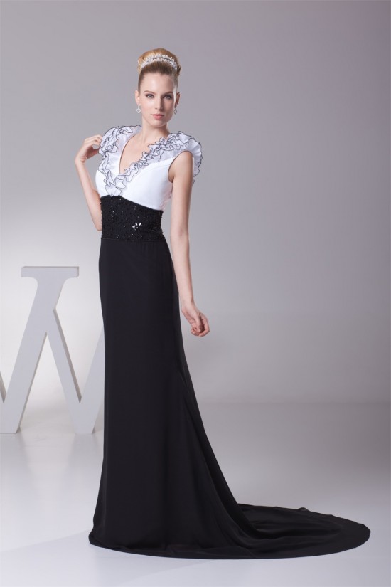 Trumpet/Mermaid Brush Sweep Train Chiffon Black White Long Prom/Formal Evening Dresses 02020112 Trumpet/Mermaid Brush Sweep Train Chiffon Black White Long Prom/Formal Evening Dresses 02020112