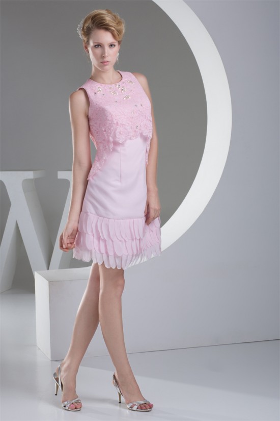 Scoop Satin Chiffon Lace Knee-Length Sheath/Column Bridesmaid Dresses 02021127