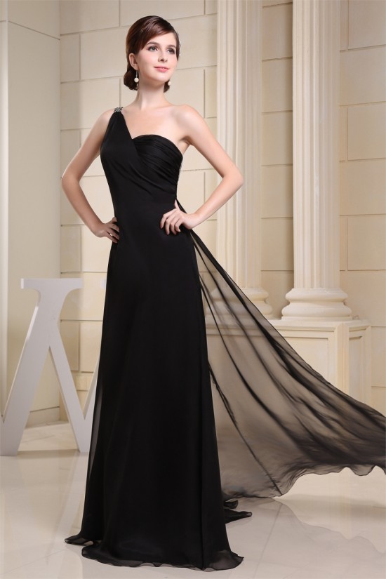 Brush Sweep Train One-Shoulder A-Line Chiffon Sequins Long Black Prom/Formal Evening Dresses 02020114 Brush Sweep Train One-Shoulder A-Line Chiffon Sequins Long Black Prom/Formal Evening Dresses 02020114