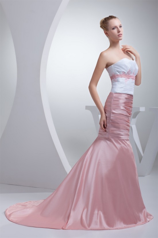Trumpet/Mermaid Brush Sweep Train Beading Pink White Prom/Formal Evening Dresses 02020121 Trumpet/Mermaid Brush Sweep Train Beading Pink White Prom/Formal Evening Dresses 02020121