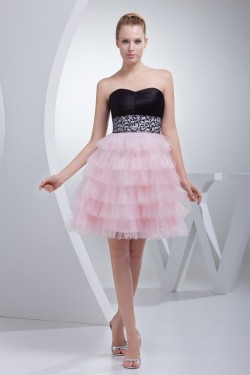 Strapless Short/Mini Sleeveless Satin Silk like Satin Fine Netting Prom/Formal Evening Dresses 02021249
