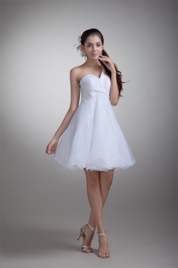 Princess Satin Organza Sleeveless One-Shoulder Little White Dresses 02021489