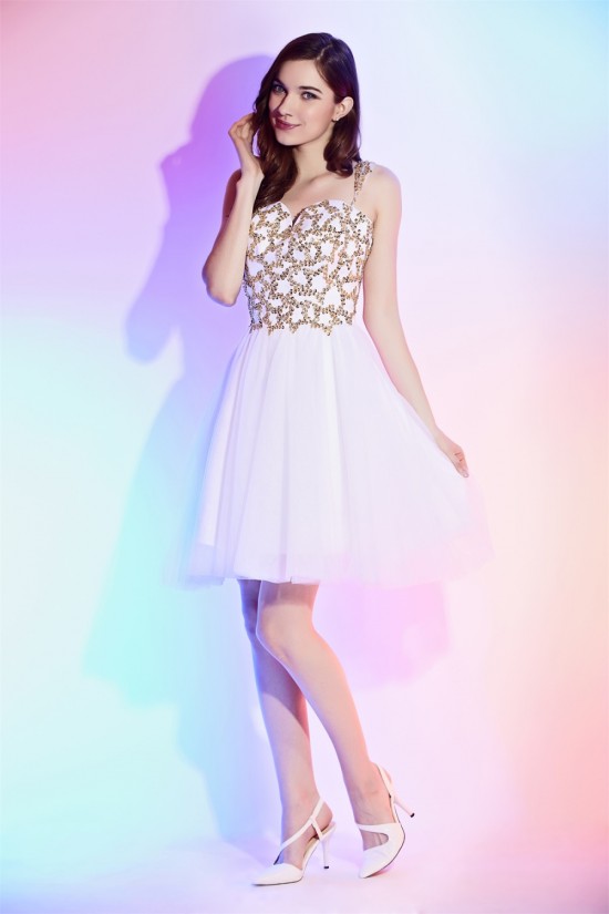 A-Line Straps Sleeveless Sequins Beaded Knee-Length Prom Formal Evening Cocktail Homecoming Dresses 02021544