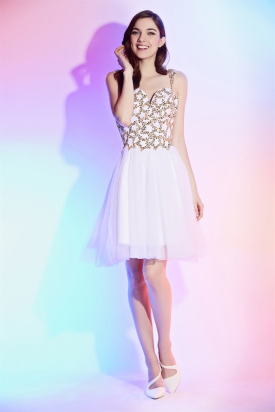 A-Line Straps Sleeveless Sequins Beaded Knee-Length Prom Formal Evening Cocktail Homecoming Dresses 02021544
